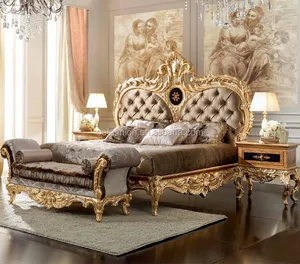 OE-FASHION HIGH BACK QUEEN GOLD LEAF CARVING WOODEN BED
