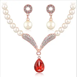 Hot sell Genuine Austrian Crystals teardrop indian bridal pearl jewelry set for wedding party