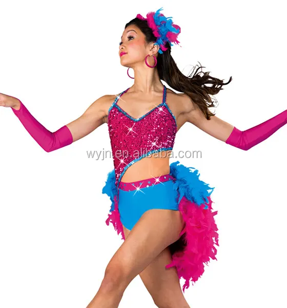 Gaun Dansa Latin Jazz Murah Potongan Bulu Payet Merah Muda Panas Kualitas Tinggi untuk Kompetisi