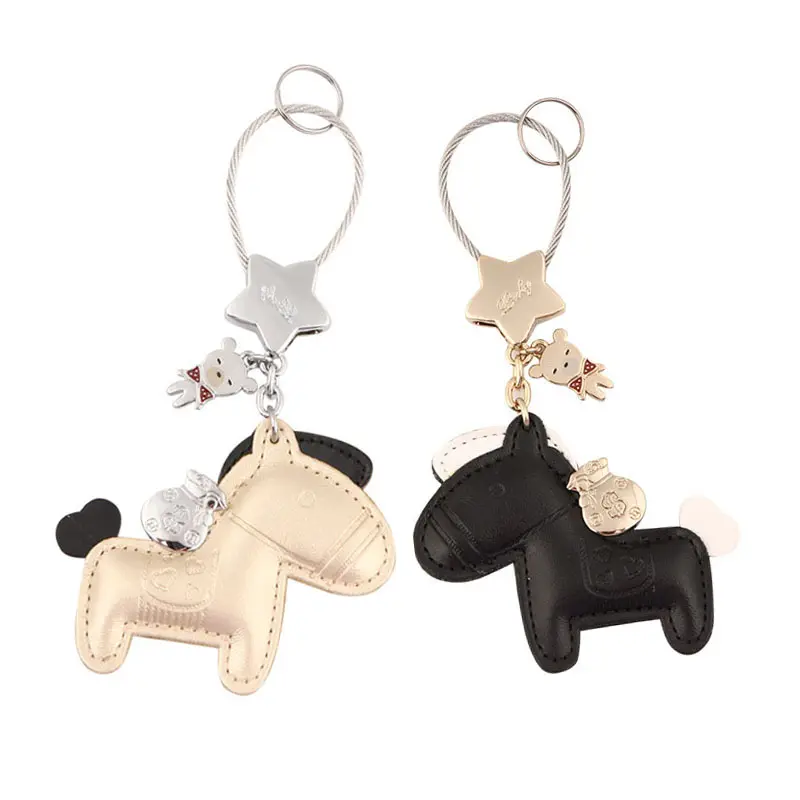 Großhandel lustige PU Leder Pferd geformt Schlüssel bund mit niedlichen Metall Bär Hund Kaninchen Schlüssel ring