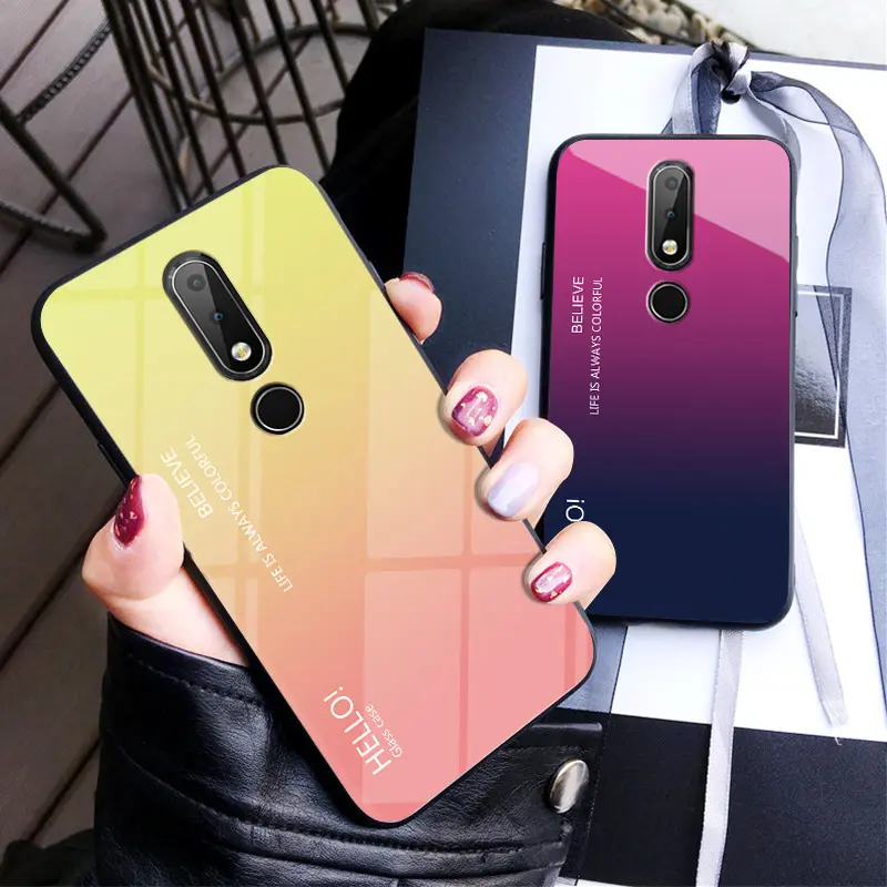 Sederhana Gradien Tempered Glass Hard Case dengan Bingkai Lembut Penutup untuk Nokia X6 7 Plus 8 3.1 Plus 7.1 X7 3.1 Plus 9 Telepon Coque Capa