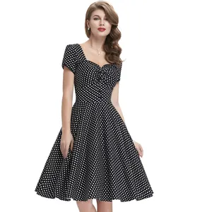 BP000113 Belle Poque Ladies Short Sleeves 50s Retro Vintage Cotton Black Dress With White Polka Dots Dress Vintage