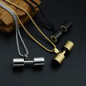 Wholesale fashion stainless steel Fitness dumbbell pendant necklace black for men 2024