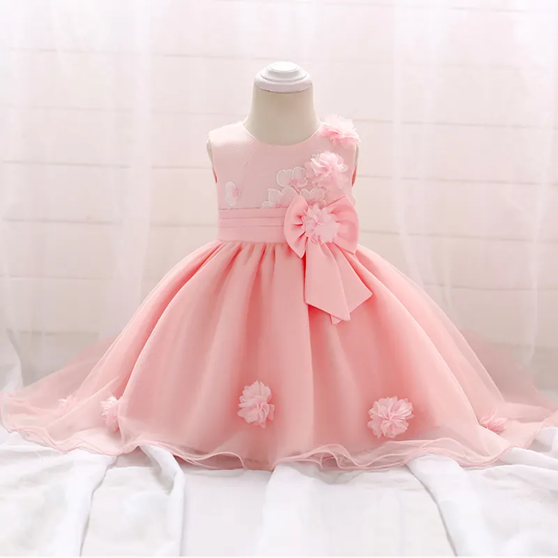 Último diseño Lovely Girl Flower Baby Girl Pink Children Party One Piece Western Kids Vestido de novia T1866XZ