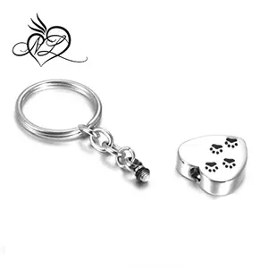 Stainless Steel Keychain - Dog Paw Print on Heart Silver Pet Cremation Urn Keepsake