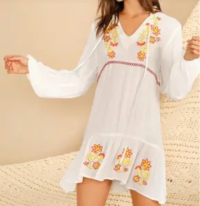 Sweet women flower embroidered tie neck ruffle hem ladies boho short dress