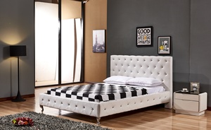 Muebles de Dormitorio en Venta, Cama de Terciopelo de Primera Calidad con Diseño de Botones Acolchados, Cuero Blanco, Salida de Fábrica, Cama Económica - Product Image 4