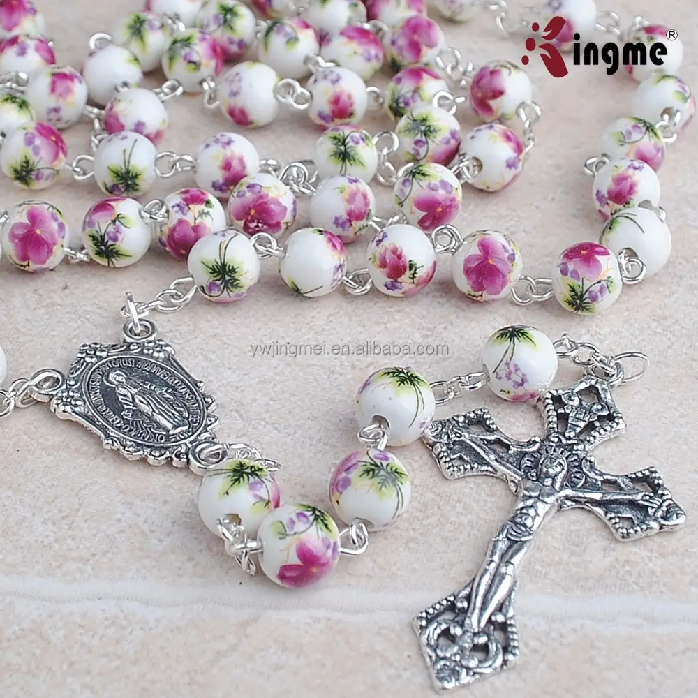 Catholic Religious Jewelry Necklaces 8mm Ceramic Flower Beads Rosary with Anti-Silver Hail Mary Center Medal and Fancy Cross