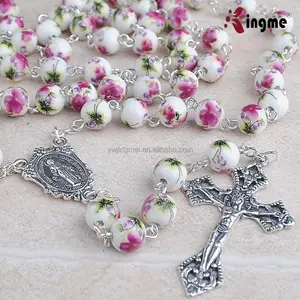 Công Giáo Tôn Giáo Trang Sức Dây Chuyền 8 Mét Gốm Hoa Hạt Mân Côi Với Anti-Silver Hail Mary Trung Tâm Huy Chương Và Fancy Cross