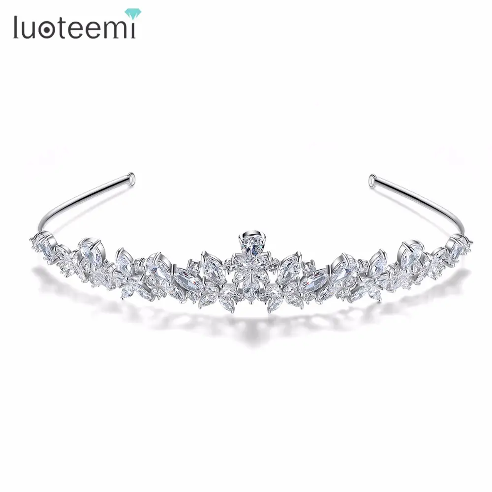 LUOTEEMI Luxury Princess Queen Pageant Clear CZ Flower Headband for Bridal Crystal Tiara Crowns Wedding Hair Accessories