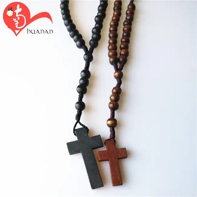 Wholesale Cheap Black Rosary Wooden Necklace Catholic Round Beads Religious Rosary With Cross