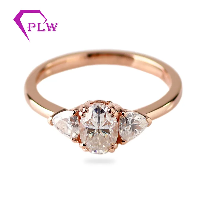 Never change 14k rose gold 3 stone 5x7mm oval center moissanite wedding engage ring with cheap price