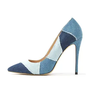 Summer fashion colorful denim design pointed toe high heels shoes for women's pumps sexy ladies shoes heels custom