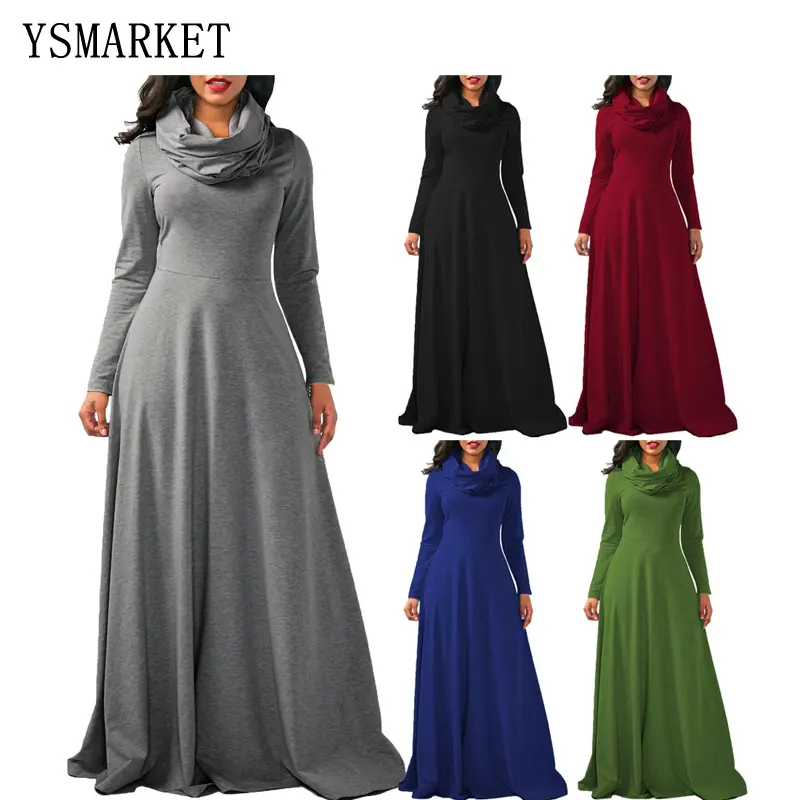 YSMARKET Herbst Winter Frauen Maxi kleid Langarm Haufen Kragen Freizeit kleidung Solid Fashion Lang kleider E5416