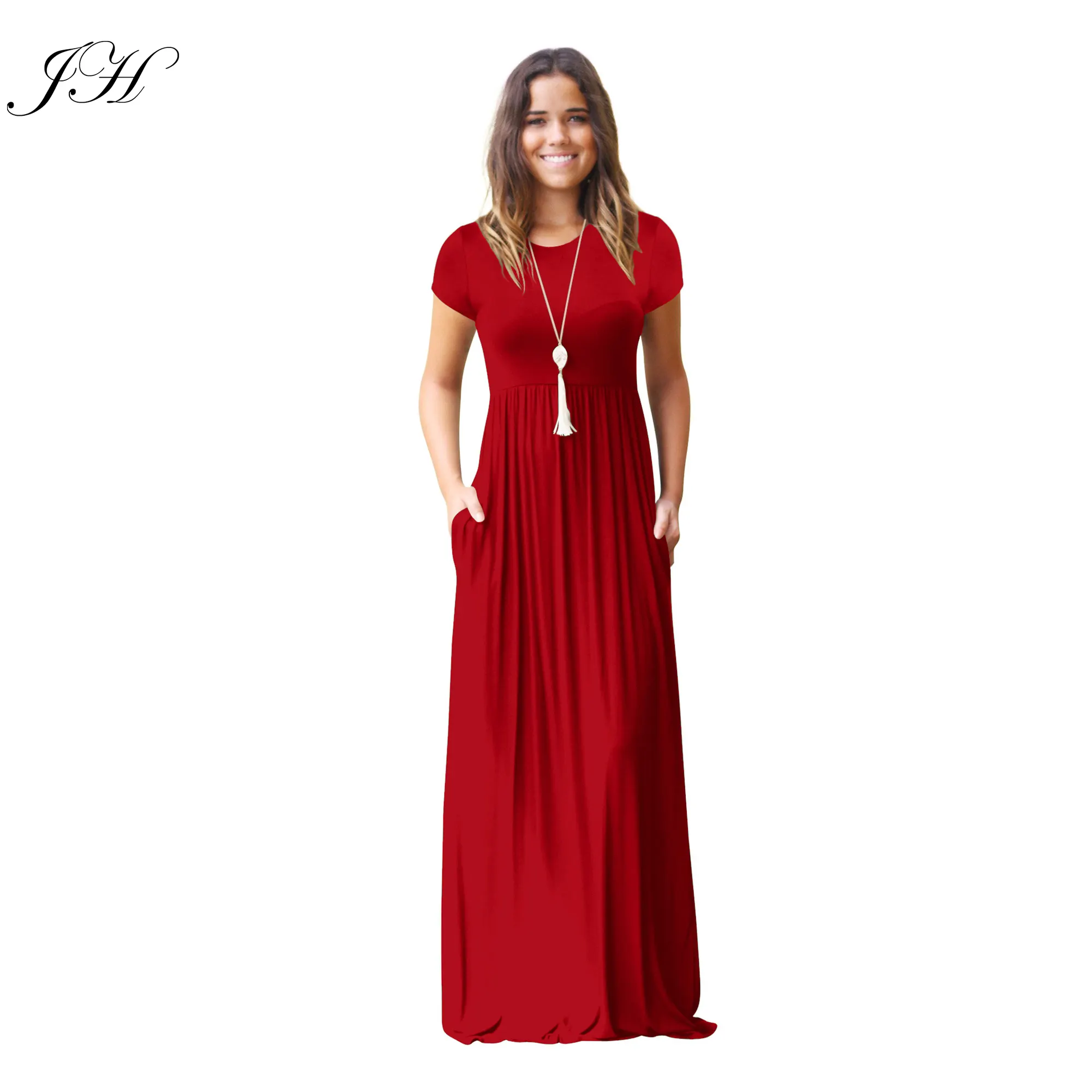 Women Short Sleeve Loose Swing Plain Long Maxi Casual Dress With Pockets