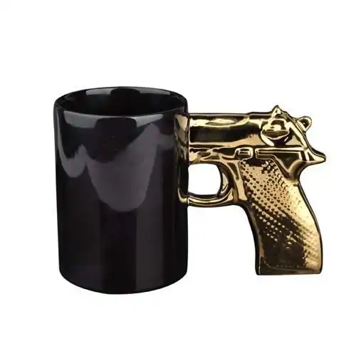 Mug Pistol Kopi Keramik Hitam Kualitas Bagus dengan Gagang Emas/Perak