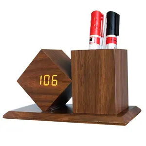 USB Rechargeable Voice Control Bedside Nightlight Wooden Pen Holder LED Alarm Clock