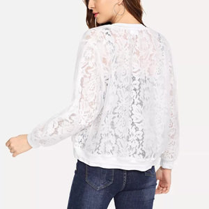 Custom Ladies Sexy <strong>Sheer</strong> Crochet Lace Zip Front Bomber <strong>Jacket</strong> Long Sleeves Hollow Out <strong>Jacket</strong> - Product Image 2
