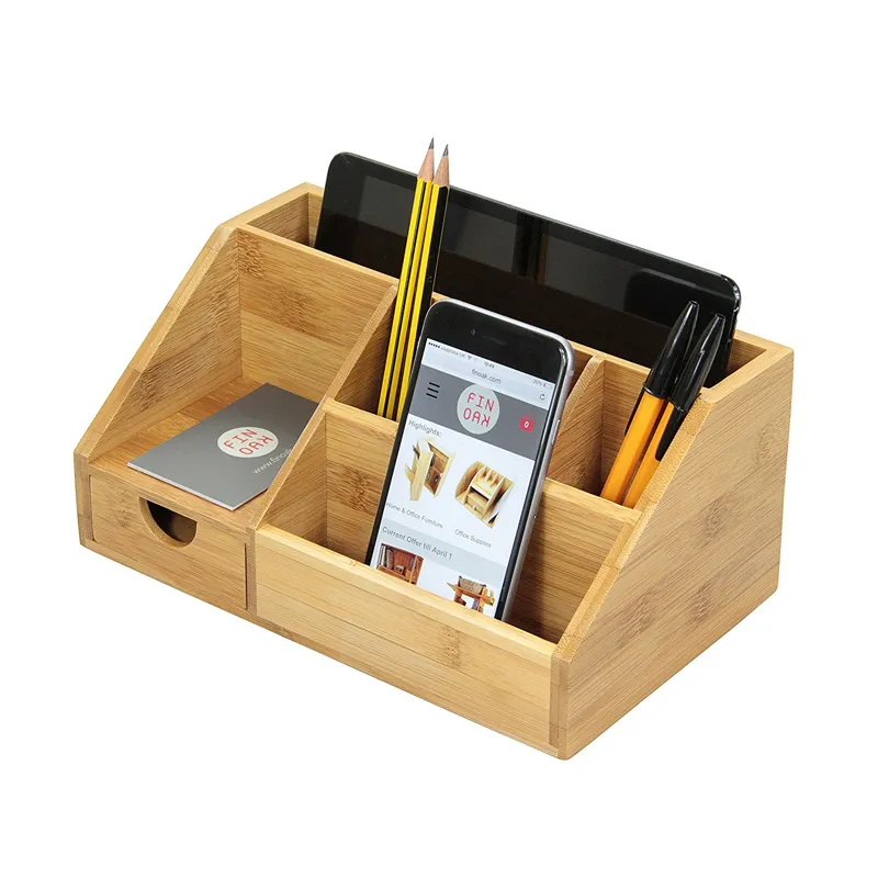 Bamboo Stationery Organizer Letter Rack Notes Pen Pencil Holder Desk Organizer Storage Box Desk Tidy with drawer