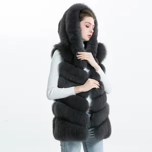 High Quality Winter Women Fox Fur Vest with Hood Genuine Fox Fur Ladies Hood Fur Vest