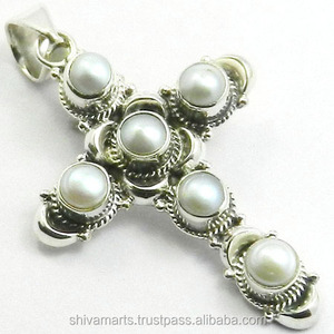 จี้ไม้กางเขนอัญมณีไข่มุกธรรมชาติที่สวยงามสีขาวเงินเครื่องประดับดีและเสน่ห์ - Product Image 2