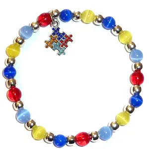 Mix color nature bead metal bead diy bracelet with colorful rhinestone puzzle charms bracelet for autism kids awareness gift