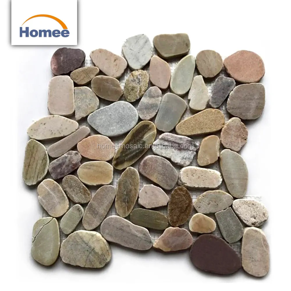 Color de la mezcla barato rodajas de piedra de mármol al aire libre baldosas de piso Mat Pebble piedra azulejos de mosaico