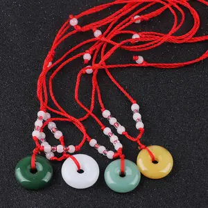 Collier perlé traditionnel en Jade pour hommes, femmes et enfants, boucle, pendentif rond, corde rouge porte-bonheur, original