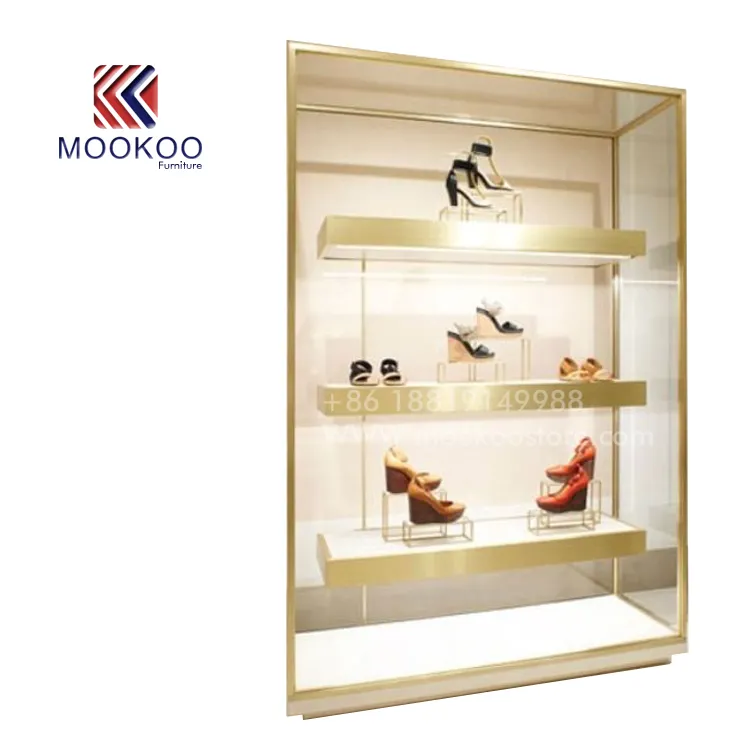 High End Golden Metal Display Cabinet For Shoe Store Design