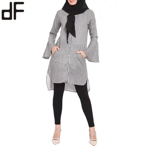 Оригинальный изготовитель, новый стиль, мусульманская женская одежда, рубашки в мусульманскую полоску, Женская хлопковая блузка на пуговицах с длинным рукавом и колокольчиком Baju