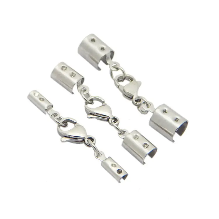 S851 Stainless steel lobster clasps and crimp ends set for leather cord, Stainless steel crimp ends with lobster clasps