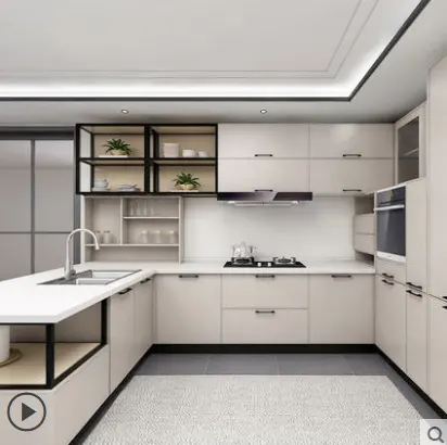 White lacquer and wood grain corner kitchen