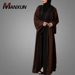 New Fashion Front Open Crepe Shrug with Lace Trims Jilbab Oversized Jalabiya Long Gown Dress Islamic Clothing