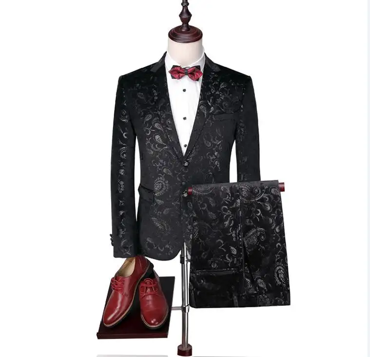 WB159-Chaqueta + Pantalones para hombre, traje de boda con estampado Floral de Cachemira, ropa de escenario para cantante, trajes ajustados a la moda con pantalones