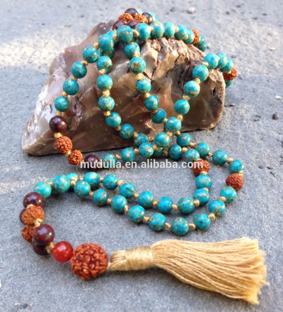 MN20891 Mala Rudraksha Bodhi Missangas Colar de Turquesa Mosaico Completo As Orações Budistas Mala 108 Atada Com Borla