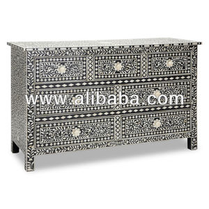 Cómoda de Madera Maciza con Incrustaciones de Hueso y Diseño Floral Marroquí Moderno para Sala de Estar - Product Image 3