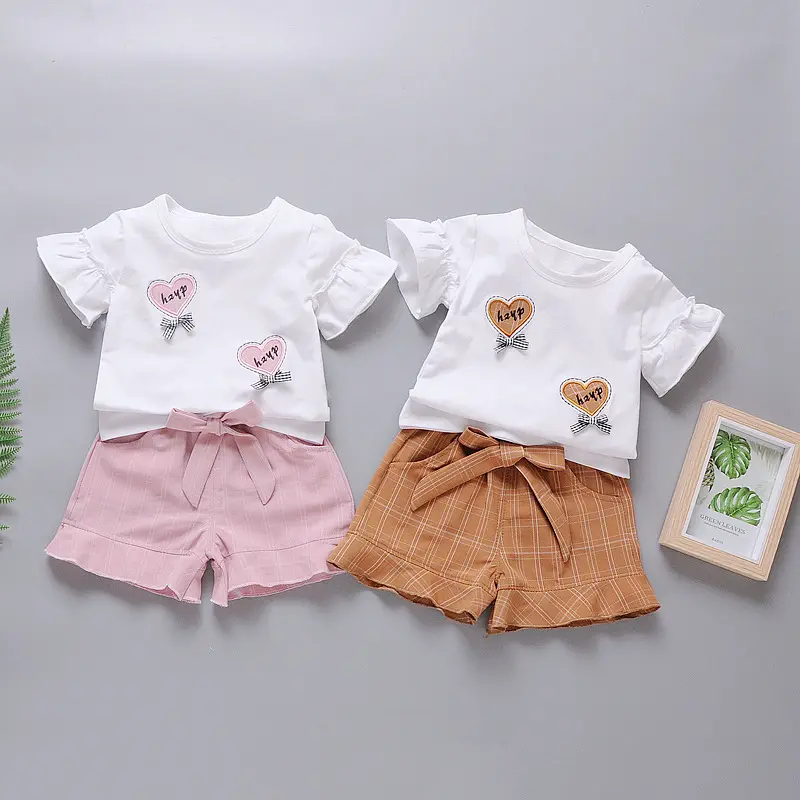 A buon mercato Del Cotone di Stile Coreano Abbigliamento Per Bambini Modello di Amore Del Manicotto Del Fiore Del Bambino di Estate Copre Gli Insiemi