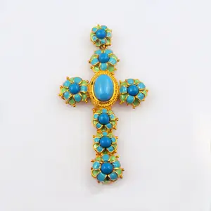 Gold plated cross pendant gemstone turquoise stone emerald pendant cross jewelry manufacturer