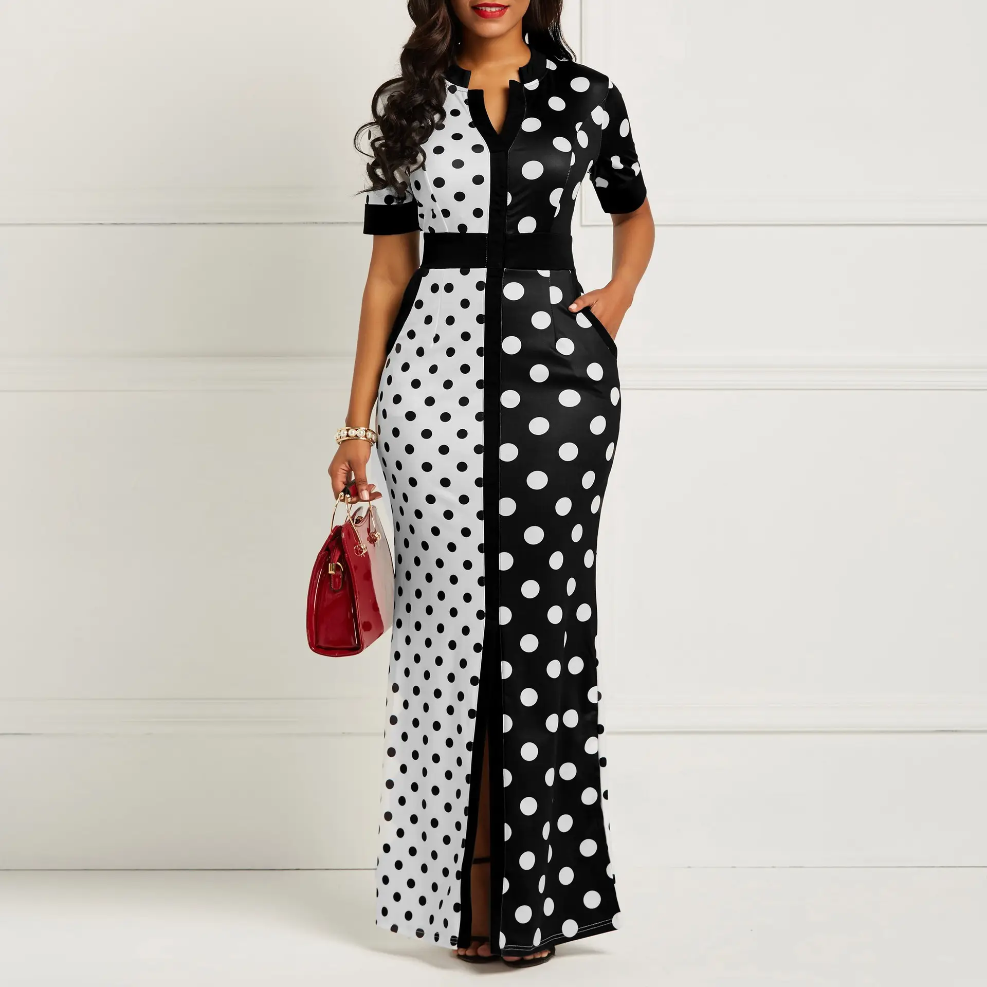 Desain Eropa dan Amerika Gaun Titik Gelombang Hitam Putih Wanita Gaun Maxi Panjang Polka Dot Sabuk Polka Dot