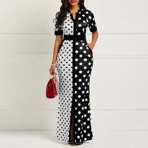 Maxi vestido longo com bolinhas polka dot, vestido longo branco e preto ondulado para mulheres