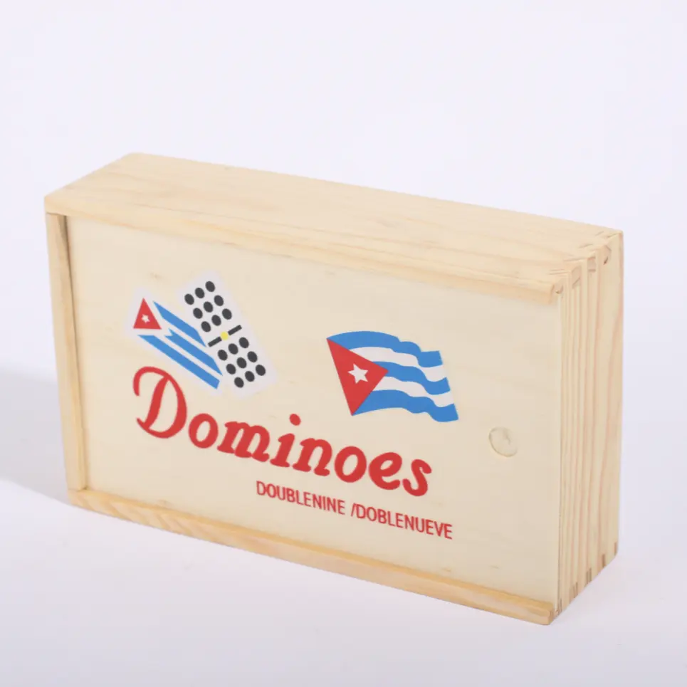 Double Nine Cuban Dominoes in wooden box with metail spin