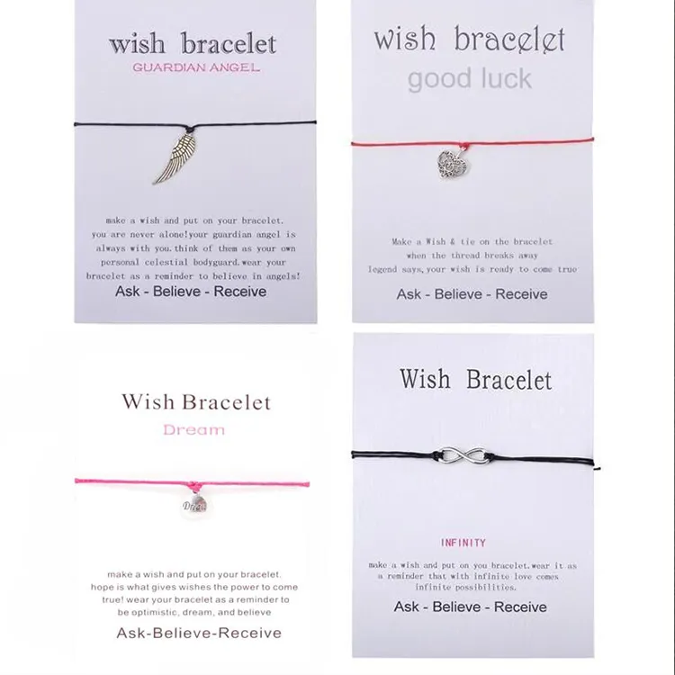 Logo Kustom dengan Wish Card Emas Infinity Hope Charm Gelang Manik-manik Gelang Perhiasan Buatan Tangan Tali Pembungkus Membuat Wish Gelang