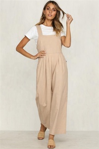 Sexy Women Khaki Loose Side Buttons Linen Cotton <strong>Jumpsuits</strong> and Rompers - Product Image 2