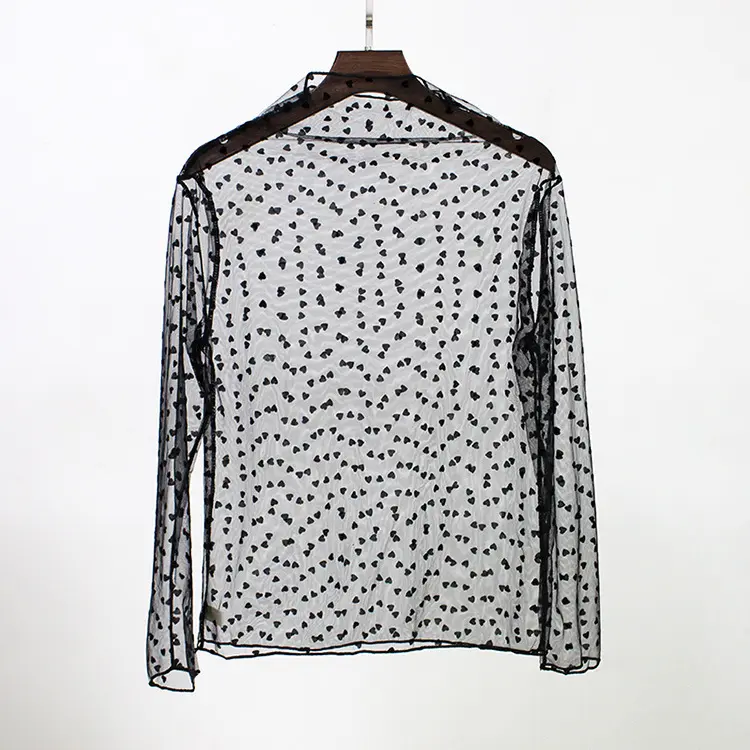 Lente Zomer Vrouwen Lace Blouse Shirt Tops Sexy Lange Mouwen Black Mesh See-Through Blouses