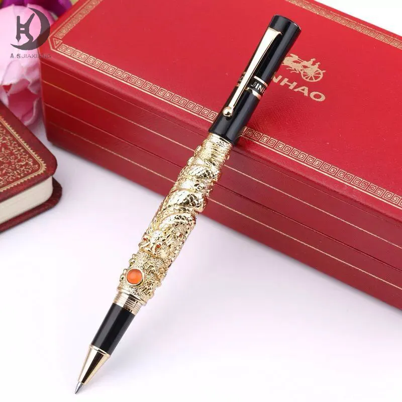 JinHao Flying Dragon Red Crystal Eyes Rollerball Pen Set 3D Carving Business Collection PenとGift Pen Case - Golden