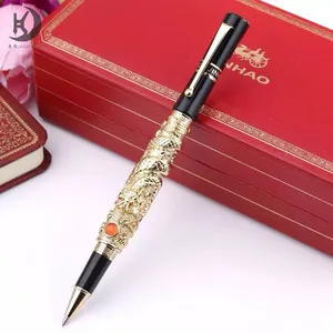 JinHao Flying Dragon Red Crystal Eyes Rollerball Pen Set 3D Carving Business Collection Pen with Gift Pen Case - Golden