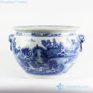 RYLU105 Lion handles blue and white hand paint landscape boutique china ware ceramic water pot