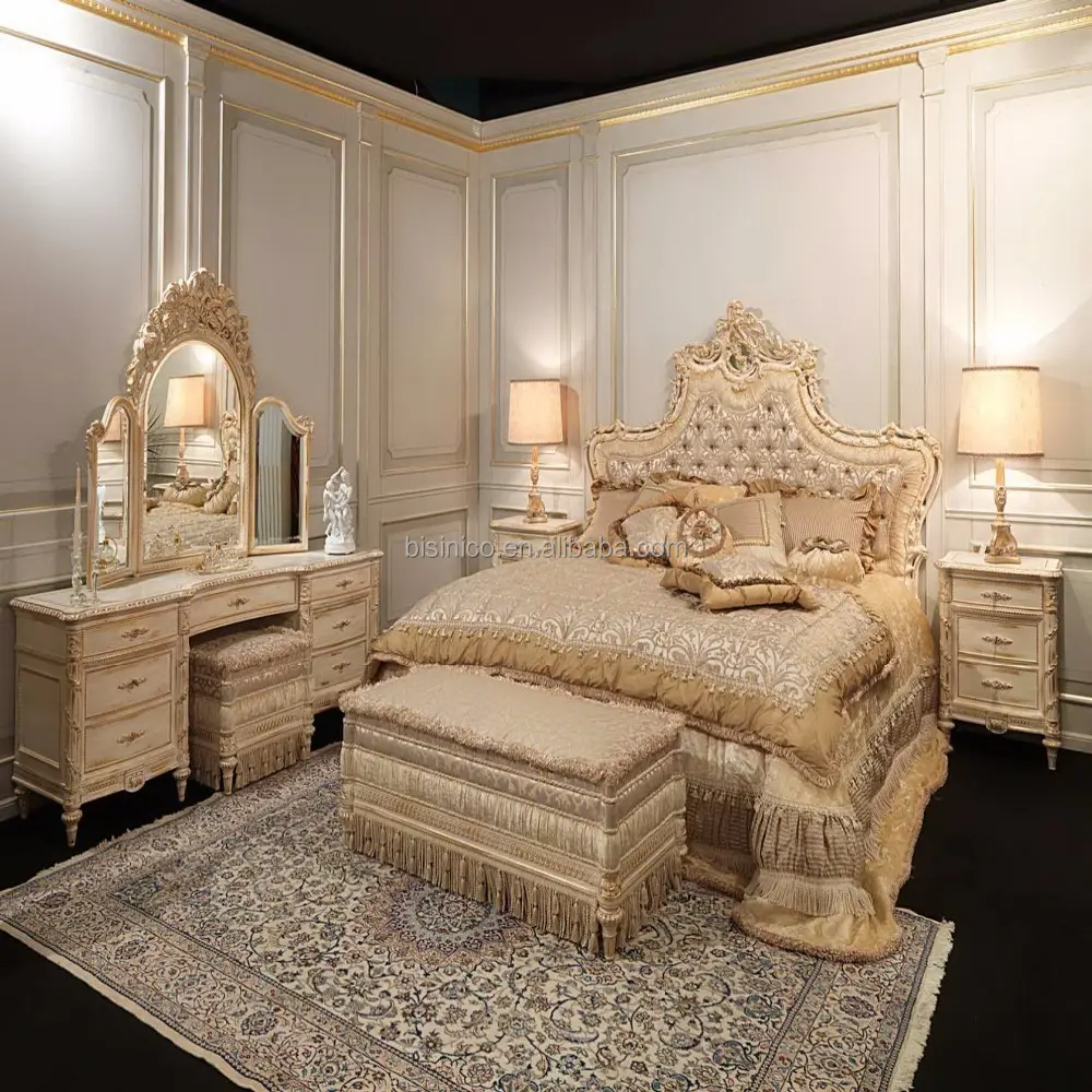 French Louis VX Royal Palace King Size Bed, Antique Gold Leaf Bedroom Furniture