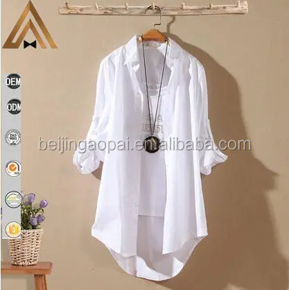 Popeline blanche longue pour femme, haut et blouse en coton, mode printemps, style décontracté