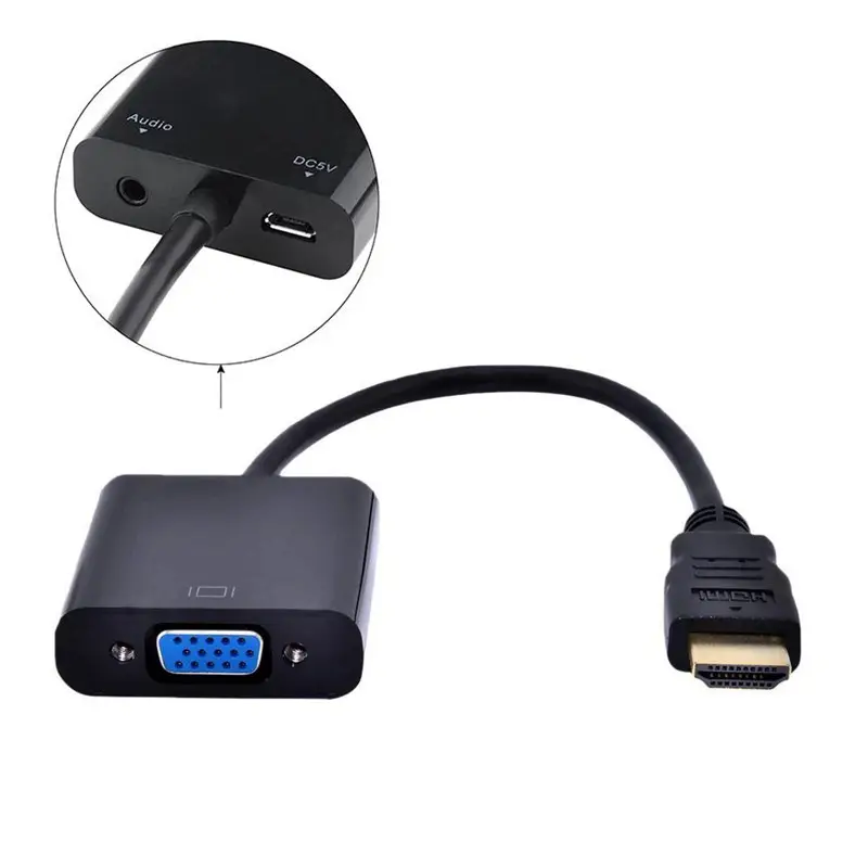 อะแดปเตอร์ HDMI เป็น VGA คุณภาพสูงพร้อมช่องเสียบสาย USB และเสียงอะแดปเตอร์ตัวผู้1080P ตัวผู้เป็นตัวเมีย